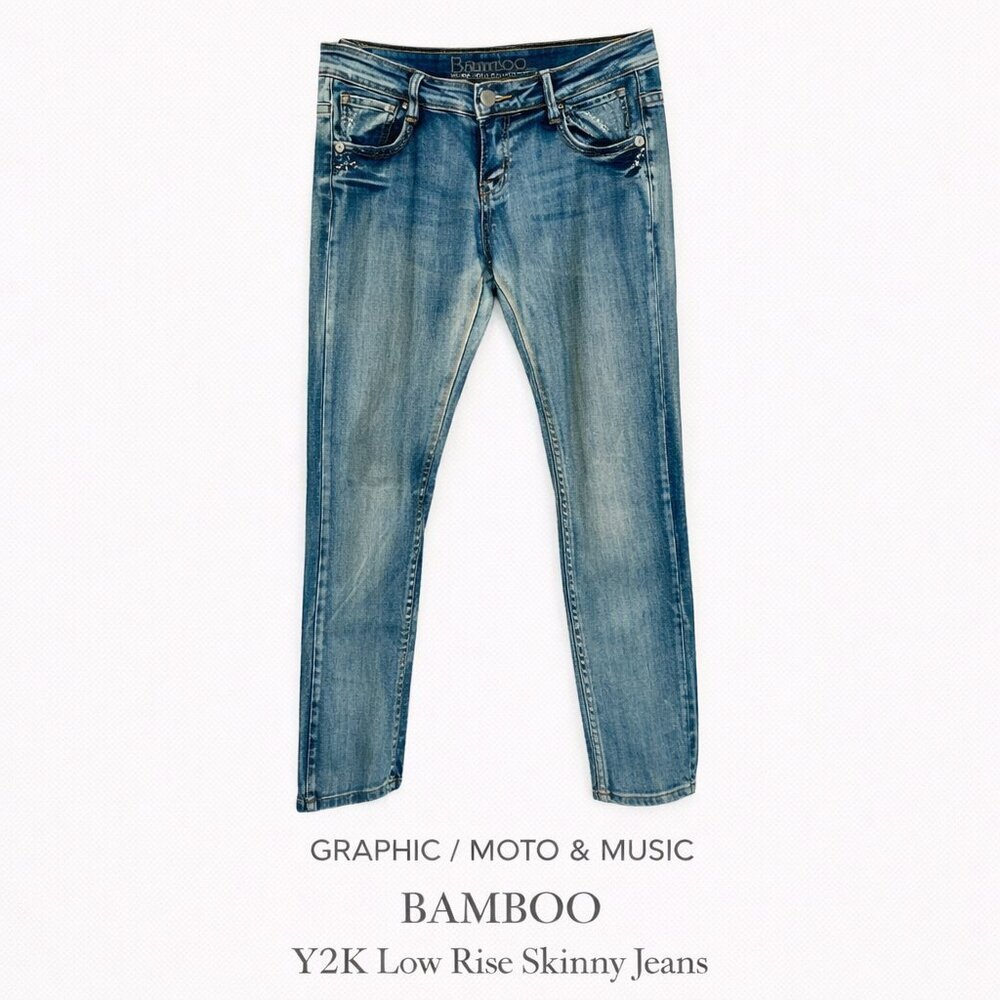 BAMBOO Y2K Low Rise Skinny Jeans Faded Wash Stud Embroidered Womens 9/10